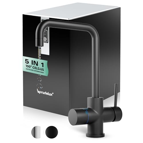SPRUDELUX Untertisch-Tafelwasseranlage Flame inklusive Kochend-Wasserhahn | Wassersprudler für den Privathaushalt | 5 in 1 Wasserspender | (425g (60 L) Zylinder, 5-Wege-Kombi U-Auslauf Schwarz)