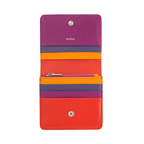 DUDU Damen-Brieftasche aus farbigem Leder, mit RFID-Schutz, Ultrakompakt, mit Innenreißverschluss und 8 Kreditkartenfächern. Fuchsia