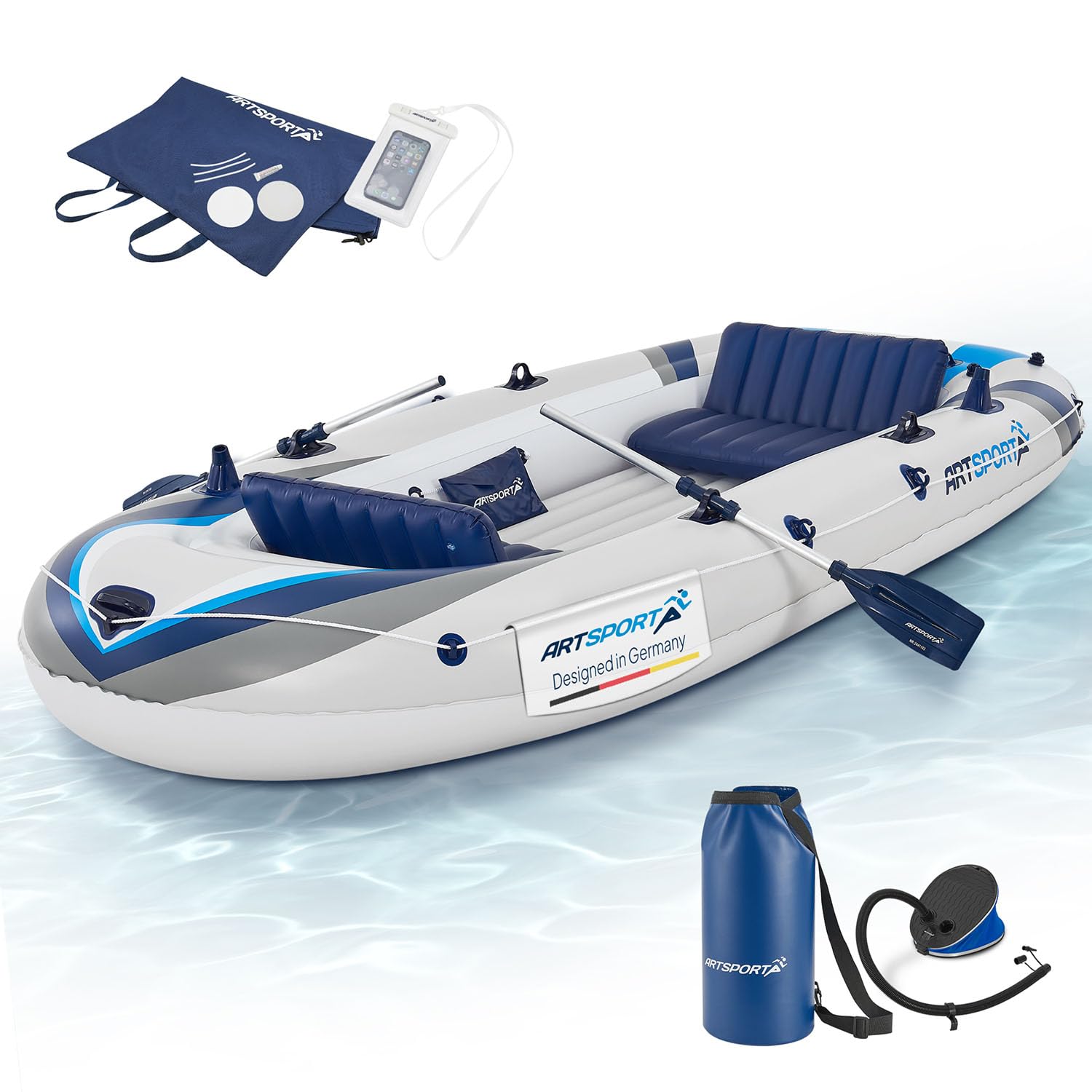 ArtSport Schlauchboot 322 cm für 4 Personen - Paddelboot aufblasbar mit 2 Sitzbänken - Ruderboot PVC mit Luftpumpe, Paddel, Tasche & Reparaturset