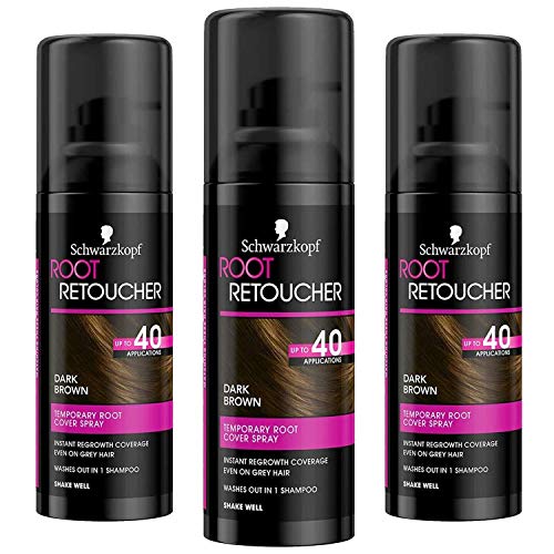 Schwarzkopf Root Retoucher, sofortiges temporäres Haarfärbe-Spray für brünette Nachwachsen, 40 Anwendungen, 3 x 120 ml, Dunkelbraun