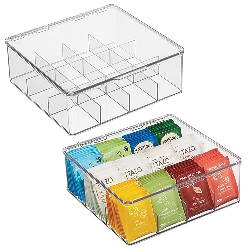 mDesign Küchen Organizer – praktische Teebox mit Deckel für Küche und Speisekammer – Aufbewahrungsbox mit 12 Fächern für Tee, Kaffee, Gewürze und andere Lebensmittel – 2er-Set – durchsichtig