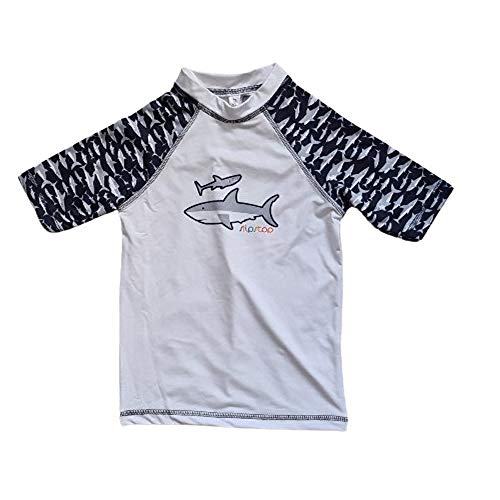 Kurzarm UV Shirt Badeshirt für Kinder - LSF50+ Schwimmshirt Rashguard Schnelltrocknendes weiß/Marine mit Haie, Gr. 128-134