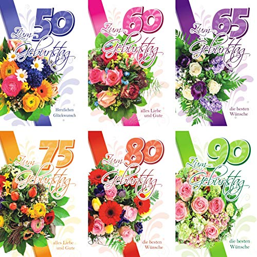 Iloda® 100 Glückwunschkarten zum Geburtstag 52-0075 mit Zahlen zum 50. 60. 65. 75. 80. und 90. Geburtstag Geburtstagskarte Grußkarte