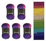 Wollbiene Summer Touch Batik 5 x 100 Gramm Wolle Mehrfarbig mit Farbverlauf, 500 Gramm merzerisierte Strickwolle Microfiber-Acryl (515 lila-gelb-grün)