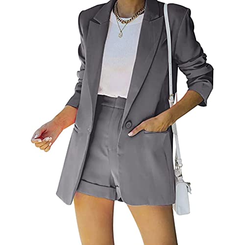 Yokbeer 2-teilige Outfits für Damen, Vorne Offener Langarm-Blazer und Kurze Hosenanzug-Sets, Lässiges, Elegantes Business (Color : Gray, Size : M)