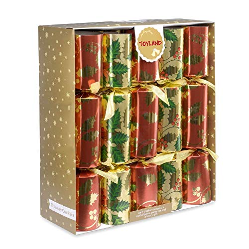 Toyland 10 x Deluxe Große Weihnachtscracker - Rot, Grün und Gold mit Holly Design