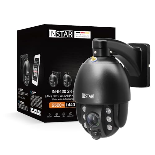 INSTAR IN-9420 2K+ schwarz - LAN/PoE/WLAN Überwachungskamera mit KI (AI) - IP Kamera - PIR - Steuerbar PTZ - Verwendung im Innen- und Außenbereich - Audio - HomeKit - MQTT