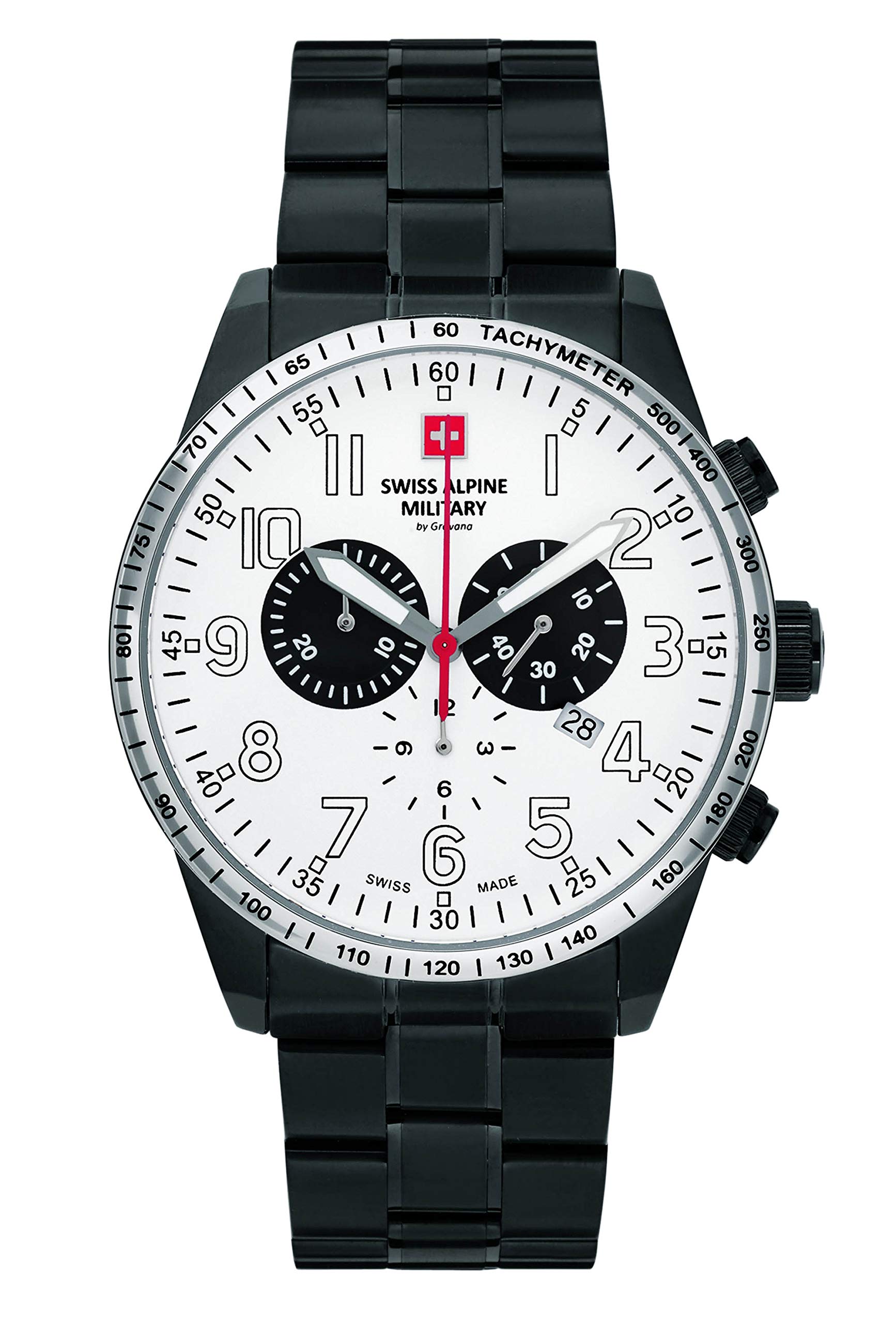 Grovana Swiss Alpine Military Herren Chronograph Uhr mit Edelstahlarmband 10 ATM, Black Ip/Silberfarben - 9173sam, Gurt