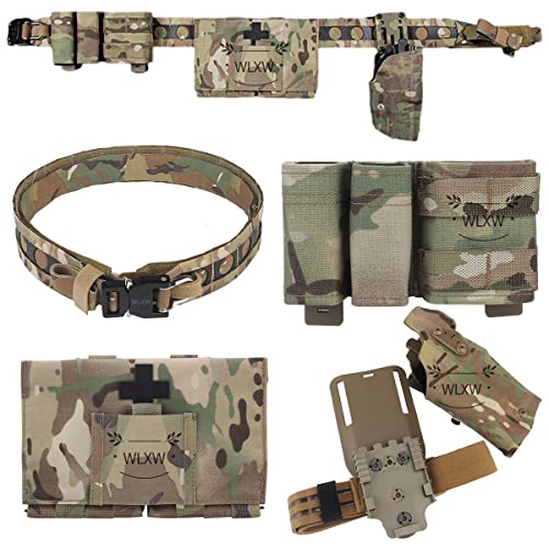 WLXW Tactical Lightweight Belt Set, mit Airsoft 6354 DO Holster - 832 (Verwendung für G17 X300 Lampe) & Seal schnelle militärische Freigabe Medical Kit & Fast 9MM &5.56 Double Mag Pouch (Short) (Colo