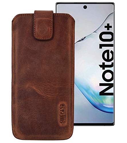Suncase ECHT Ledertasche *Slim-Edition* kompatibel mit Samsung Galaxy Note 10 Plus Hülle Leder Etui mit Rückzugsfunktion und Magnetverschluss in antik Coffee