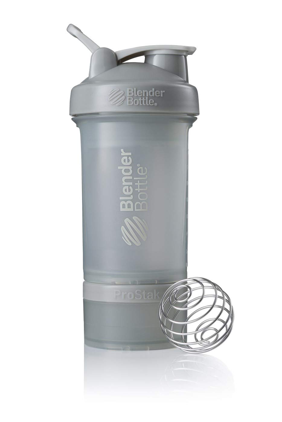 BlenderBottle ProStak Protein Shaker mit BlenderBall mit 2 Container 150 ml und 100 ml, 1 Pillenfach, optimal für Eiweiß, Diät und Fitness Shakes, skaliert bis 450ml, grau (650ml)