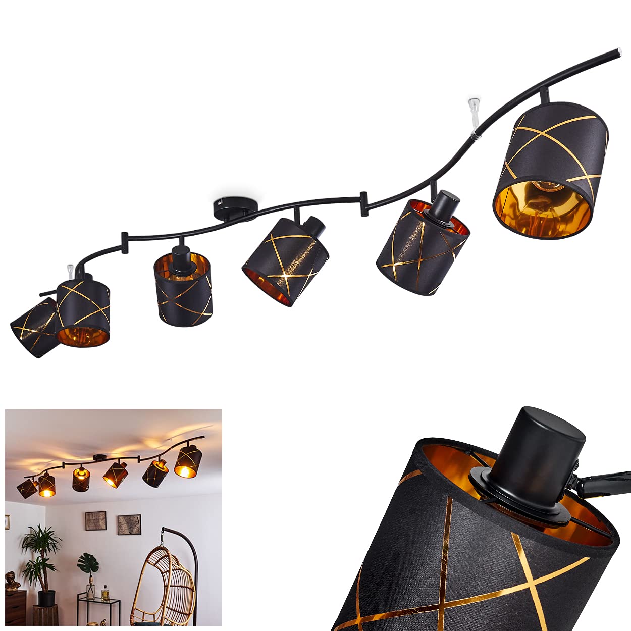 Deckenleuchte Opatija, 6-flammige Deckenlampe aus Metall in schwarz und kupferfarben, Modern Look Zimmerlampe mit verstellbaren Stoffschirmen, 6 x E27, ohne Leuchtmittel