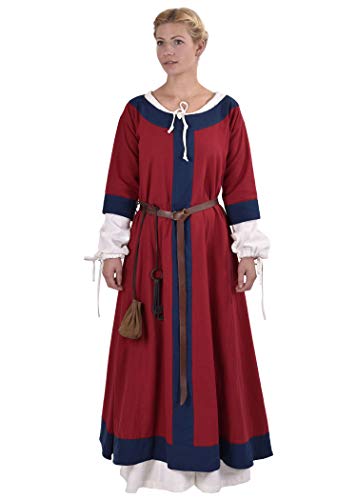 Mittelalter Kleid Gudrun lang für Damen aus Baumwolle rot/blau XXL - Mittelalter Kleidung Wikinger LARP Mittelalterkleid blau rot (XXL, rot/blau)