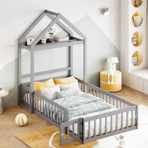 Idemon Kinderbett 90 x 200, Kinderbettgestell aus Massivholz mit Stauraum, Vollschutzgitter und Türen und Lattenrost (Grau)