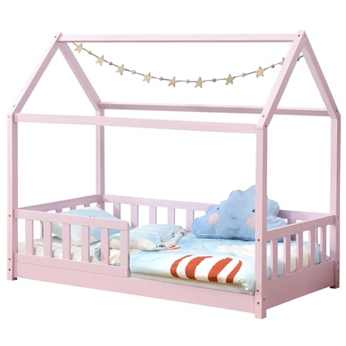 Juskys Kinderbett Marli 80 x 160 cm mit Rausfallschutz, Lattenrost und Dach - Hausbett für Kinder aus Massivholz - Bett in Rosé