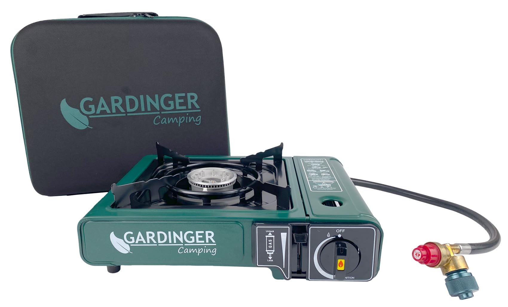 GARDINGER einflammiger universal-Kartuschen Kocher Camp Allgas mit Piezozündung + Adapter-Schlauch + hochwertiger Koffer
