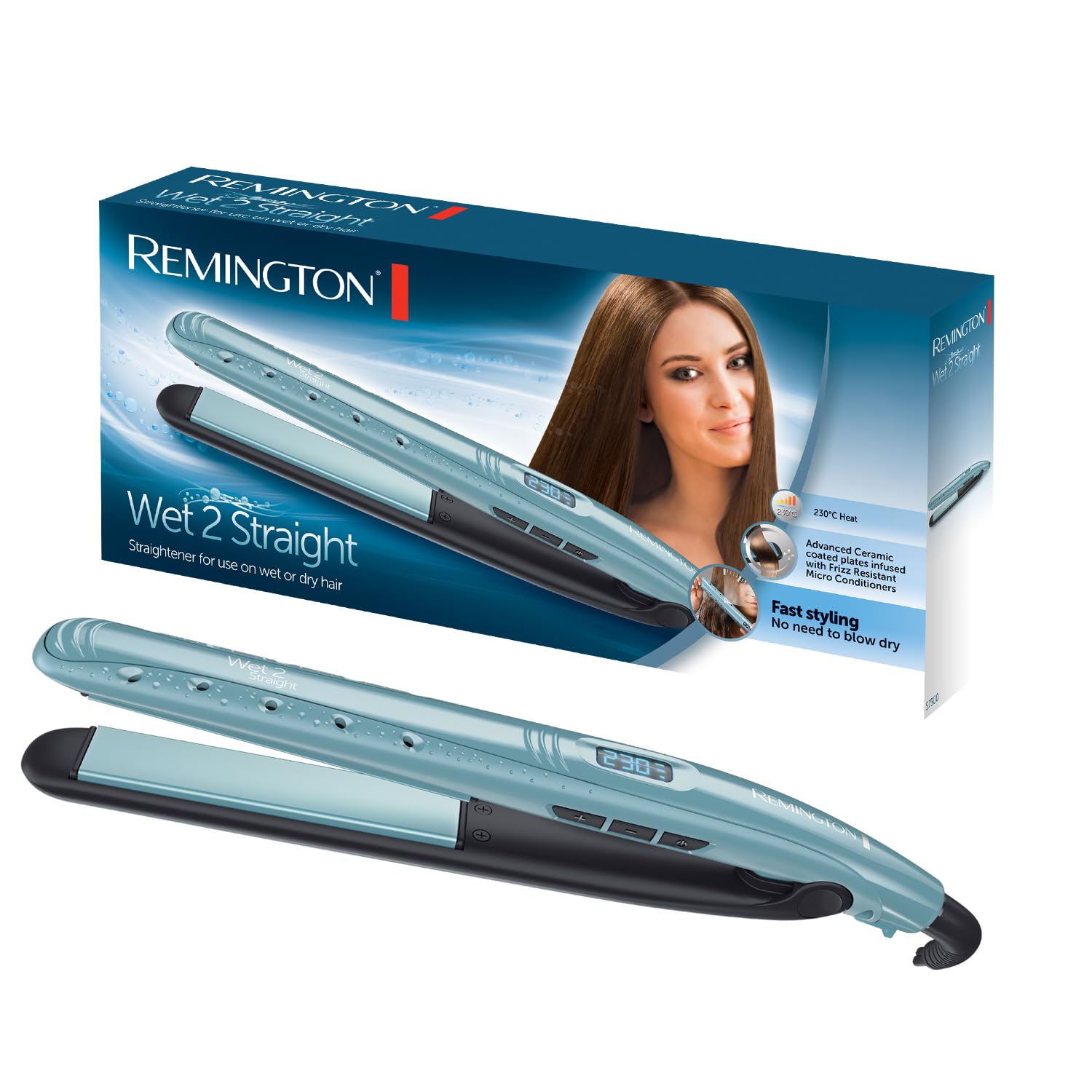 Remington Glätteisen Wet2Straight (für Nass- und Trockenanwendung -zum Trocknen und Glätten der Haare, Hitzeaktivierten Anti-Frizz-Mikrowirkstoffe), LCD-Display, 140-230°C, Haarglätter S7300