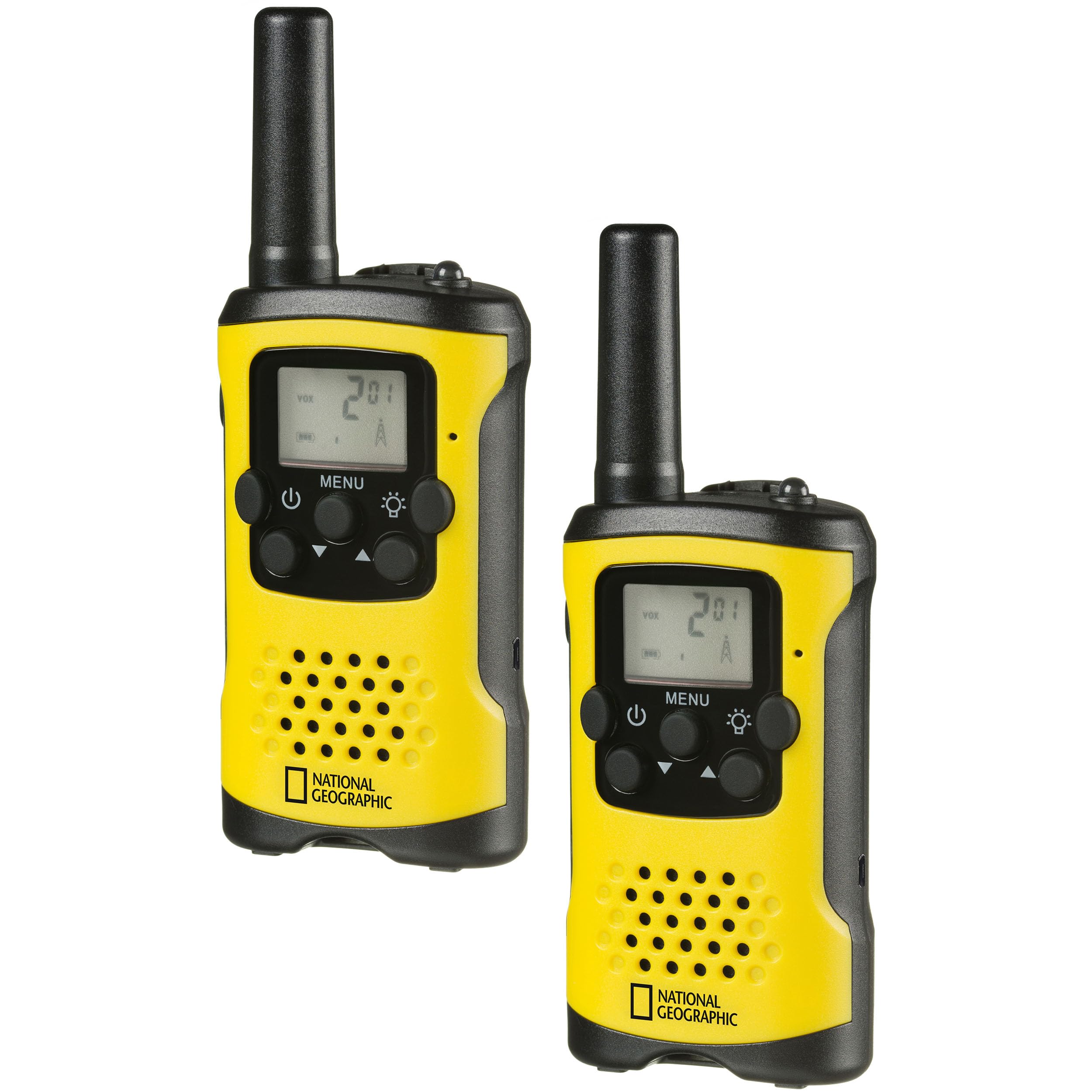 National Geographic Walkie-Talkie 2er-Set, kompakte Funkgeräte mit sehr hoher Reichweite bis zu 6 km, Frei-Hand-Funktion und integrierter Taschenlampe, Schwarz-Gelb, 9111450