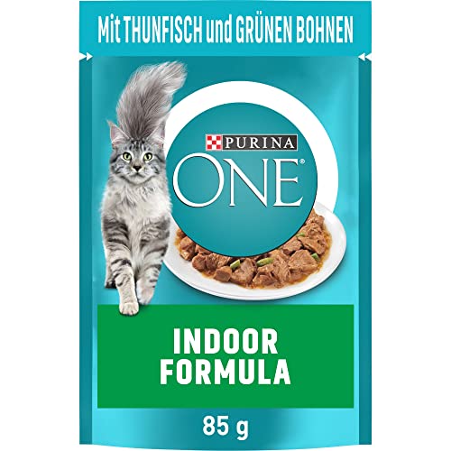 PURINA ONE Indoor Formula Katzenfutter nass, zarte Stückchen in Sauce für Hauskatzen, mit Thunfisch, 26er Pack (26 x 85g)