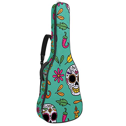 Gitarren-Gigbag, wasserdicht, Reißverschluss, weich, für Bassgitarre, Akustik- und klassische Folk-Gitarre, Happy Skull mexikanische Elemente, Grün