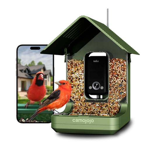 Camojojo Hibird Vogelhaus mit Kamera AI Funktion, Vogelfutterspender Kamera mit 32MP Bildqualität & 4K Video, 10000mAh Eingebaute Akku, Vollfarb-Nachtsicht, 32G-Speicherkarte, 2.4/5 GHz WiFi