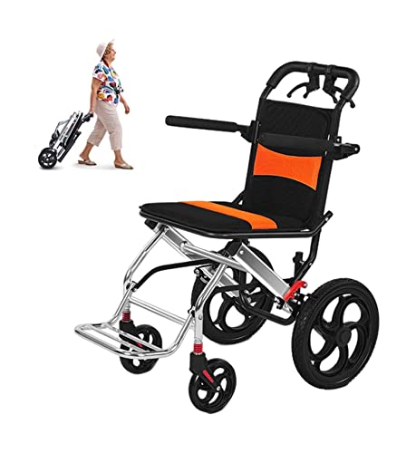 Leichter Rollstuhl Tragbarer zusammenklappbarer Reiserollstuhl mit Handbremsen Aluminiumlegierung Ultraleichter Transportrollstuhlwagen für ältere Flugzeugreisen, 12-Zoll-Hinterrad