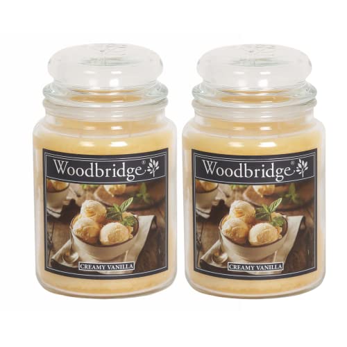 Woodbridge Duftkerze im Glas mit Deckel | 2er Set Creamy Vanilla | Duftkerze Vanille | Kerzen Lange Brenndauer (130h) | Duftkerze groß | Kerzen Gelb (565g)