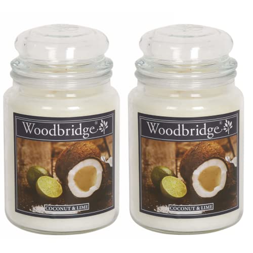 Woodbridge Große Duftkerze im Glas | 2x Coconut & Lime (565g) | 2-Docht Kerze mit Deckel | Karibische Duftkerze für dein Zuhause | Weiße Kerzen lange Brenndauer (140h)