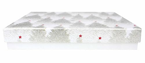 Emartbuy Starre Geschenkbox, 30,5 x 23 x 5 cm, handgefertigte Geschenkbox aus Baumwollpapier, Glitzerbäume, weiße Innenseite