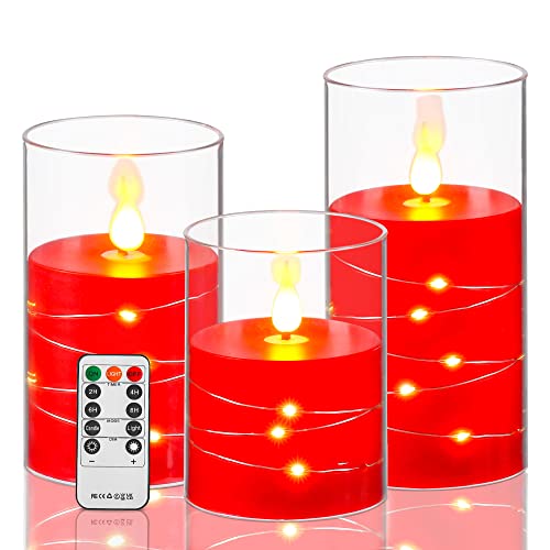 Da by Rote LED Kerzen mit Fernbedienung Timer Batteriekerze mit Lichterkette, Plexiglassäule 10 12,5 15 cm realistische LED kerze Säulenkerze