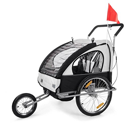 SAMAX Fahrradanhänger Jogger 2in1 Kinderanhänger Kinderfahrradanhänger Transportwagen vollgefederte Hinterachse für 2 Kinder in Weiß/Schwarz - Silver Frame