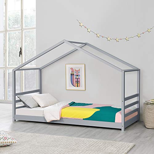 Kinderbett mit Lattenrost 90 x 200 cm Hausbett Bettenhaus Jugendbett Holz Grau