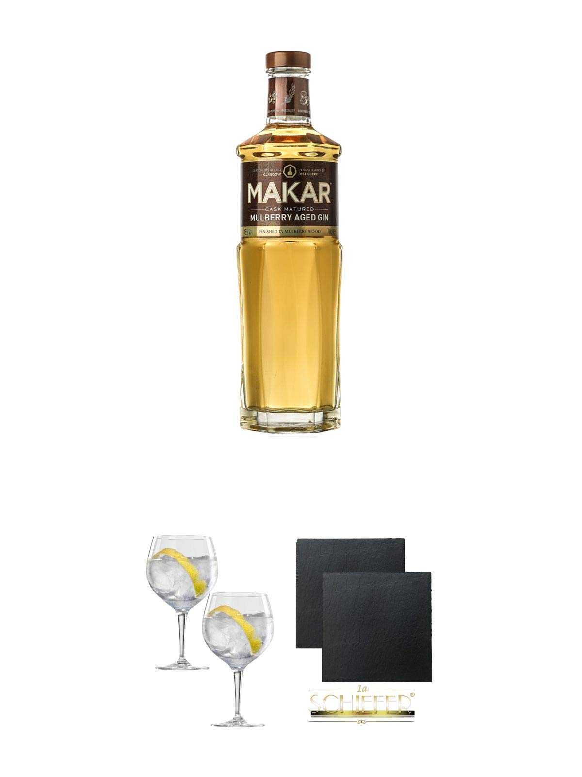 Makar Mulberry Wood Aged Gin - Glasgow Distillery 0,5 Liter + Spiegelau Gin & Tonic 4390179 2 Gläser + Schiefer Glasuntersetzer eckig ca. 9,5 cm Ø 2 Stück