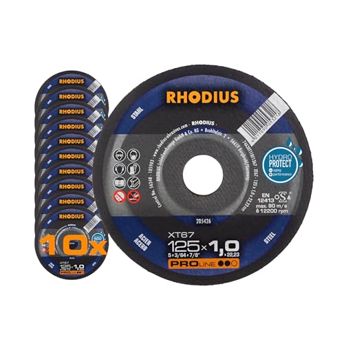 RHODIUS XT67 125 x 1, 0 x 22, 23 mm Trennscheiben für Winkelschleifer Flexscheibe Metall Stahltrennscheibe, 200 W, 240 V, 10 Stück