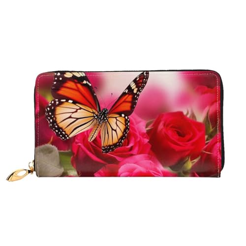YoupO Rote Rosen und Schmetterlinge Geldbörse für Frauen Leder Geldbörse mit Reißverschluss Münztaschen Mode Handtasche Tasche, Schwarz , Einheitsgröße