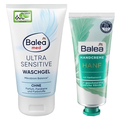 Balea 2er-Set Hautpflege: Waschgel MED ULTRA SENSITIVE reinigt schonend ohne Parfum, Parabene, Farbstoffe & unterstützt Gleichgewicht der Haut (150 ml) + Handcreme HANF mit Hanfsamenöl (75 ml), 225 ml