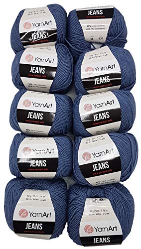 10 x 50g Strickwolle YarnArt Jeans einfarbig mit 55% Baumwolle, 500 Gramm Wolle uni (blau 68)