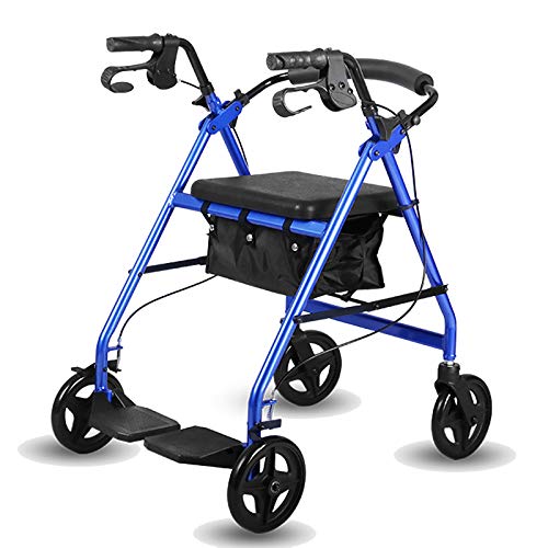 Senioren-Rollator mit Sitz, Korb und Bremsen, zusammenklappbarer Schwerlast-Rollator mit Rückenlehne und Fußstütze, Außen-/Innengeher (Color : Blue)