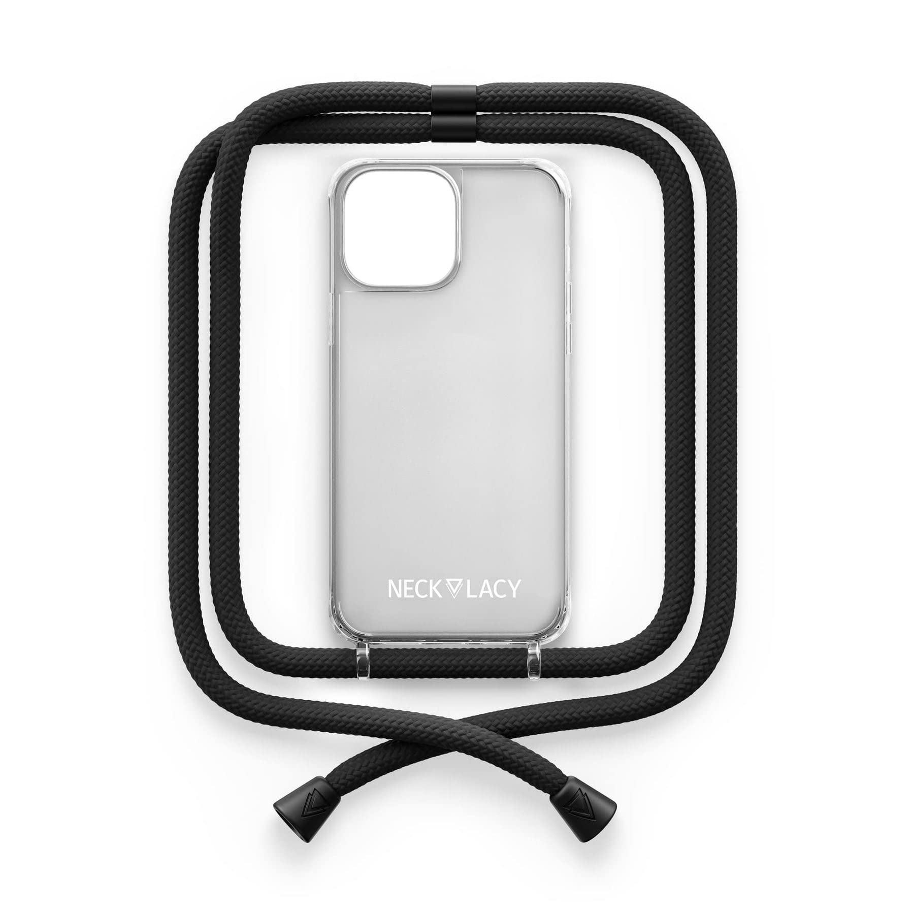 NECKLACY® - Die Premium Handykette für Apple iPhone 14 in All Black | transparente Handyhülle mit hochwertiger Kordel zum Umhängen - Smartphone Crossbody Case