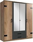 lifestyle4living Kleiderschrank in Plankeneiche-Dekor mit Absetzungen in Graphit, Drehtüren-Schrank mit viel Stauraum im angesagten Industrial-Look, 180 cm