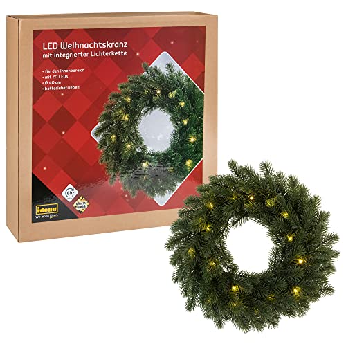 Idena 30260 - LED Weihnachtskranz mit Lichter-Kette und 20 LED in Warmweiß, 6 Stunden Timer-Funktion, batteriebetrieben, als Tür- und Tisch-Dekoration zur Adventszeit und zu Weihnachten