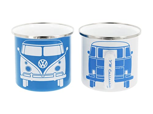 BRISA VW Collection - Volkswagen T1 Bulli Bus Emaille-Kaffee-Tee-Tasse-Becher für Küche, Werkstatt, Büro, Outdoor - Camping-Zubehör/Geschenk-Idee/Souvenir (blau/weiß/2ER Set)