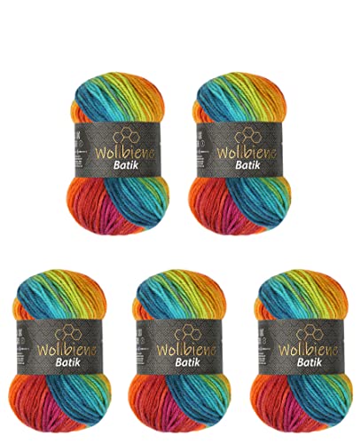 5 x 100g Wollbiene Batik 500 Gramm Wolle mit Farbverlauf mehrfarbig Multicolor Strickwolle Häkelwolle (2060 beere orange grün türkis)