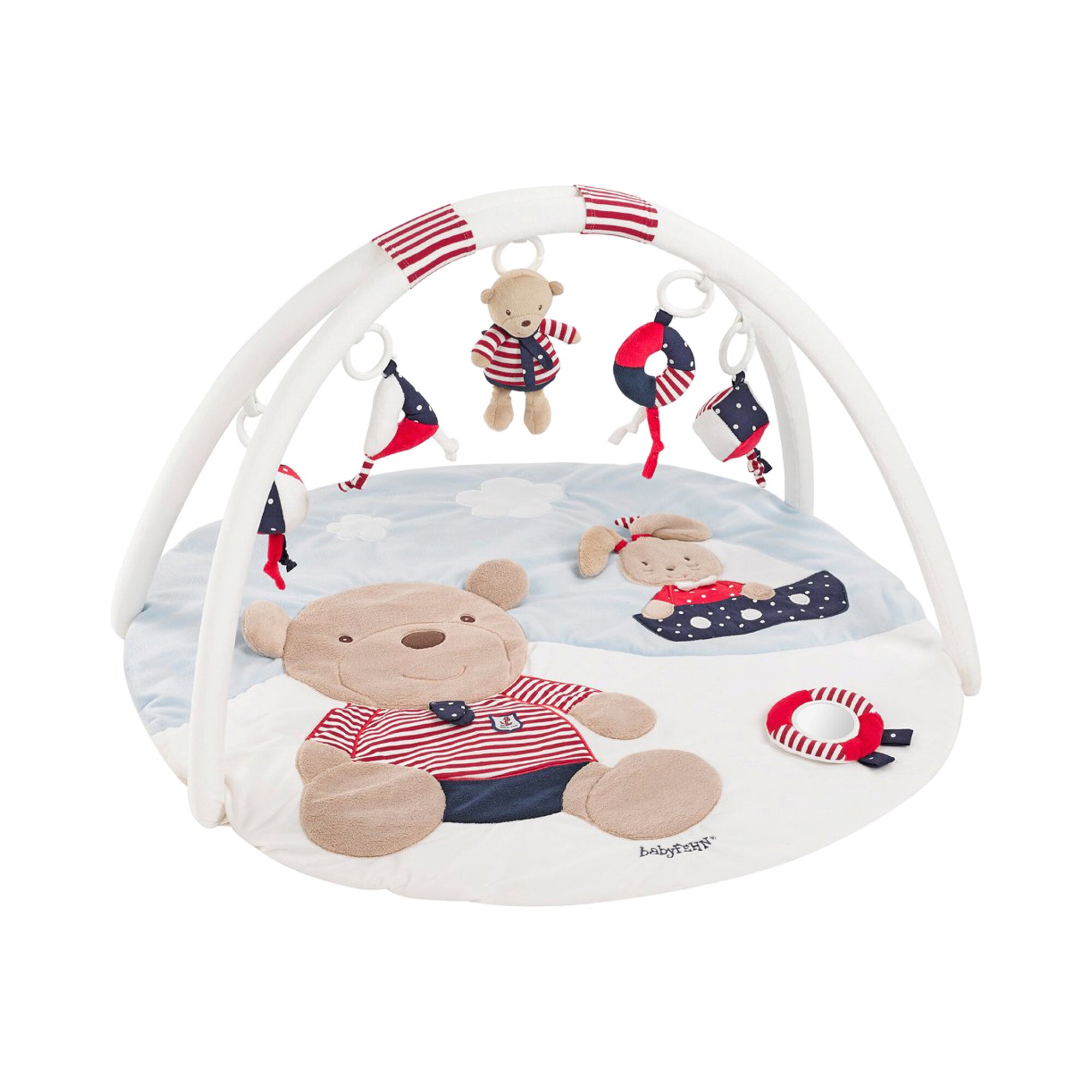 Fehn 078220 3-D-Activity-Decke Teddy / Spielbogen mit 5 abnehmbaren Spielzeugen für Babys Spiel & Spaß von Geburt an / Maße: Ø85cm