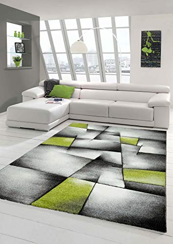 Designer Teppich Moderner Teppich Wohnzimmer Teppich Kurzflor Teppich mit Konturenschnitt Karo Muster Grün Grau Weiß Schwarz (200 cm Rund)