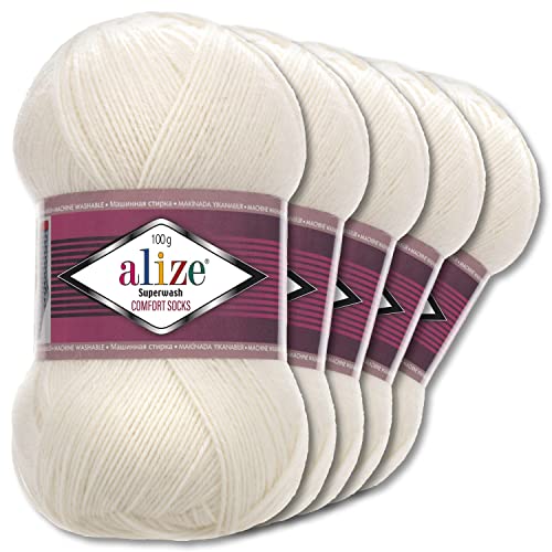 Wohnkult Alize 5x100g Superwash Comfort Sockenwolle 33 Farben zur Auswahl EIN-/Mehrfarbig (01 | Creme)