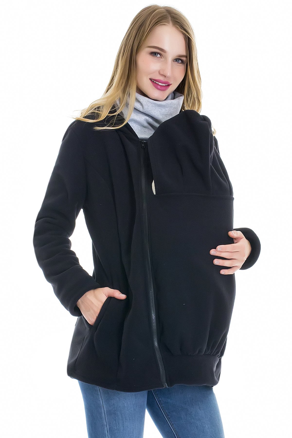 Smallshow Tragejacke für Baby, 3 IN 1 Kängurujacke aus Fleece, Umstandsjacke mit Reißverschluss, Mutterschaft Hoodie Black M