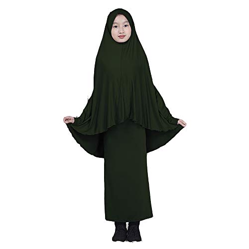 BaronHong Muslim Islamisches Mädchen Abaya Jilbab Kleid in voller Länge + Rock Zweiteiler (dunkelgrün, L)