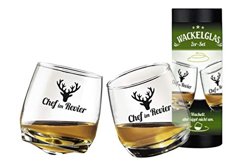 2 TLG. Set Whisky Wackelglas Chef im Revier 8,5 x 7,5 cm in Zylinder-Geschenkbox