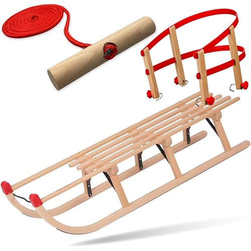 Explorer Colint Holz Schlitten mit Rückenlehne für Kinder und Erwachsene Set Davos mit Leine und Kunststoff/Holz Lehne in Rot 110cm Alpina Fun